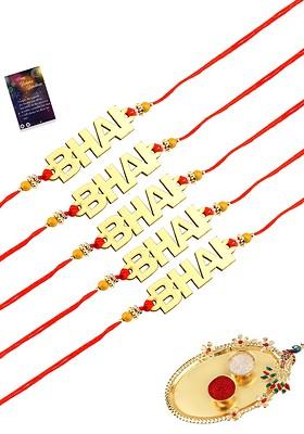 Pack Of 5 Multi Rakhi With Pooja Thali Roli Chawal And Greeting Card