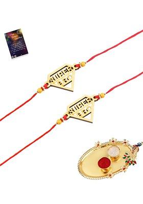 Gold Toned And Red Pack Of 2 Rakhi With Pooja Thali Roli Chawal Greeting Card