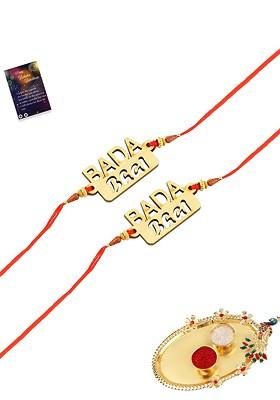 Set Of 2 Red And Gold Rakhi With Pooja Thali Roli Chawal Greeting Card