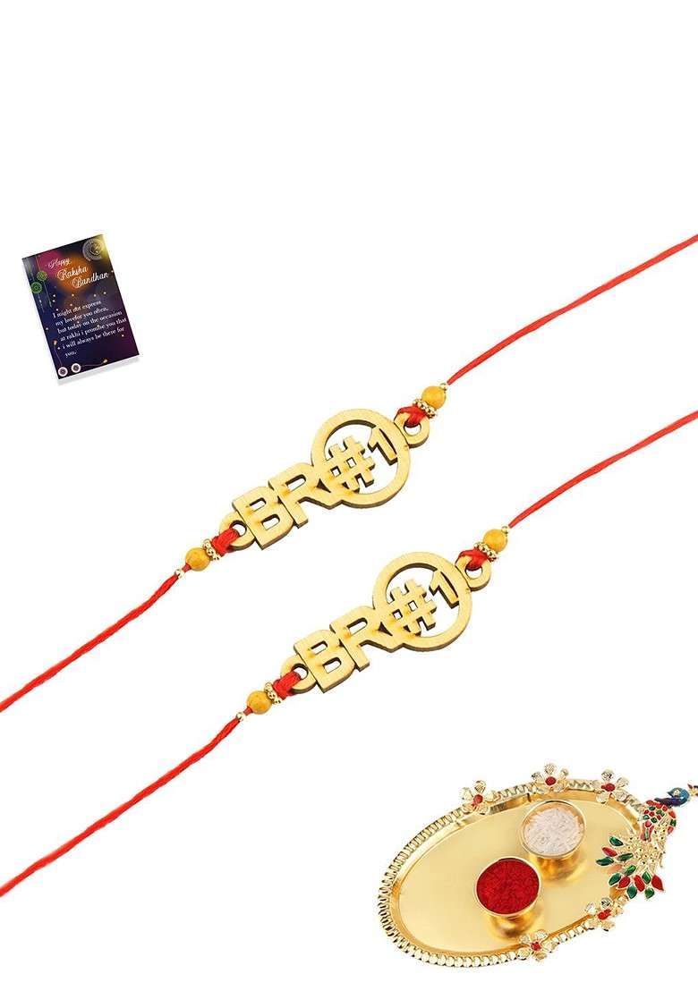 Red And Gold Toned 2 Rakhi With Pooja Thali Roli Chawal Greeting Card - Indya