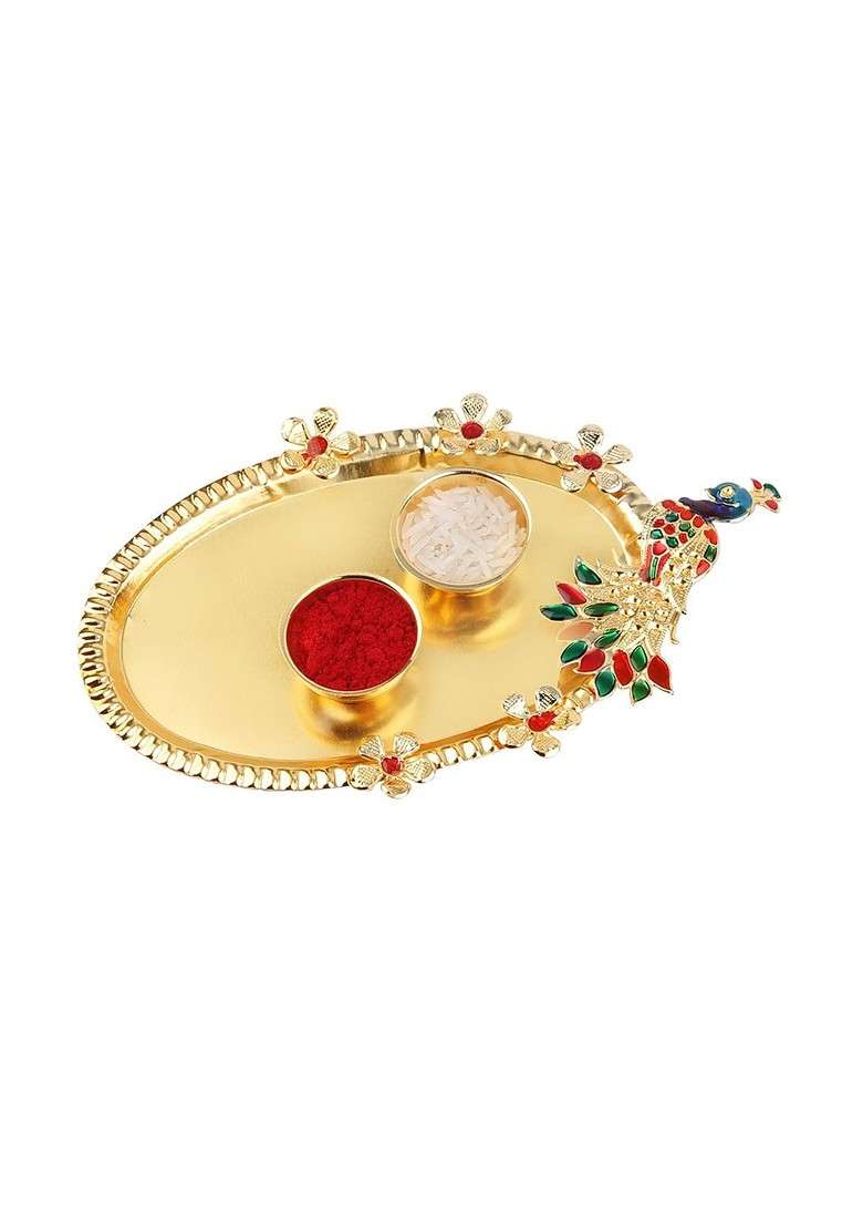 Red And Gold Toned 2 Rakhi With Pooja Thali Roli Chawal Greeting Card - Indya