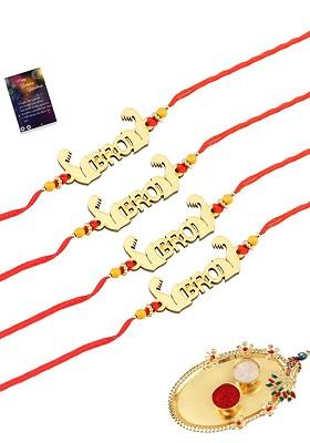 Gold Toned And Red 4 Rakhi With Pooja Thali Roli Chawal Greeting Card