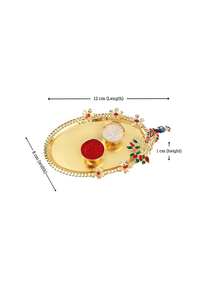 Gold Toned And Red 4 Rakhi With Pooja Thali Roli Chawal Greeting Card - Indya