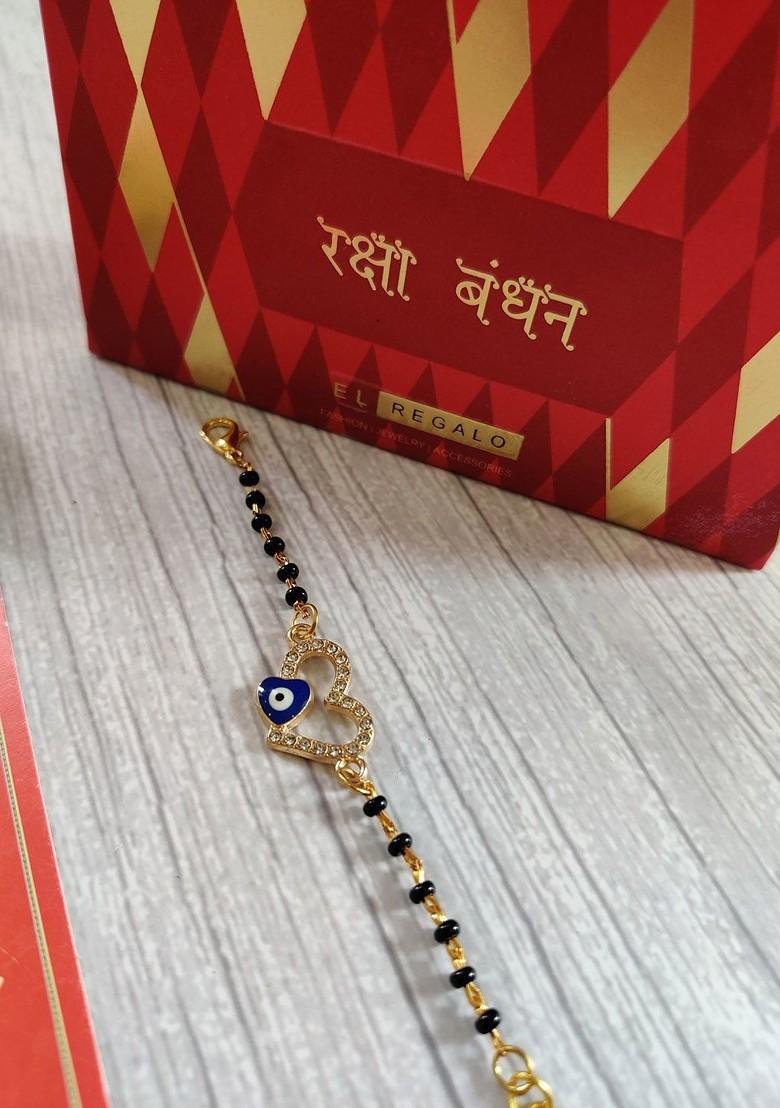 Baby Gold Tone Black Beaded Evil Eye Bracelet Nazaria Rakhi - Indya