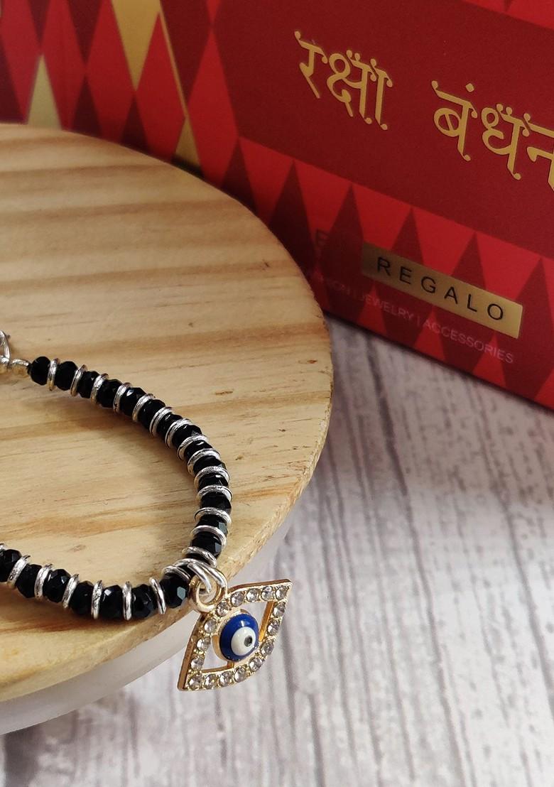Baby Black Gold Beaded Nazaria Evil Eye Charm Bracelet Rakhi - Indya