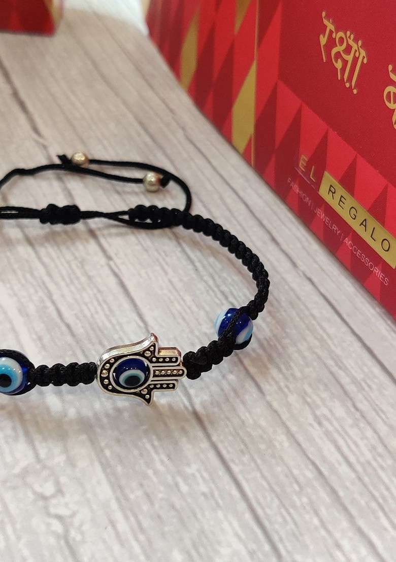 Blue And Black Evil Eye Wrap Around Rakhi With Roli Chawal And Raksha Bandhan Greeting Card - Indya