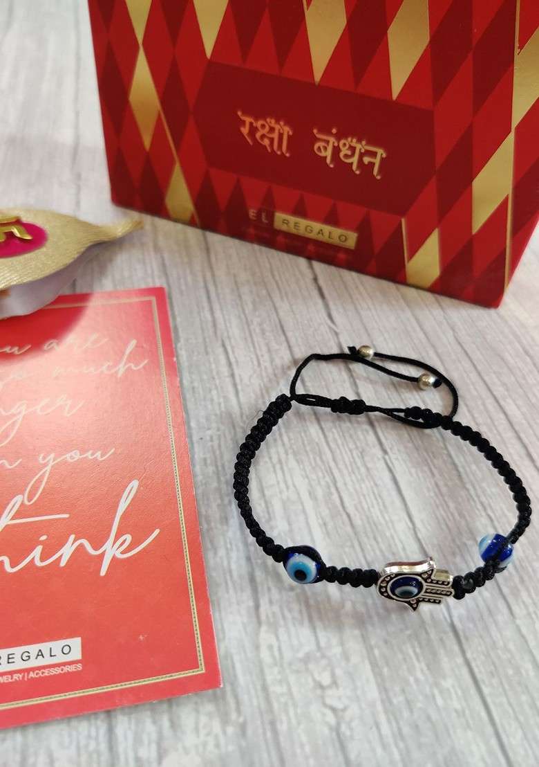 Blue And Black Evil Eye Wrap Around Rakhi With Roli Chawal And Raksha Bandhan Greeting Card - Indya