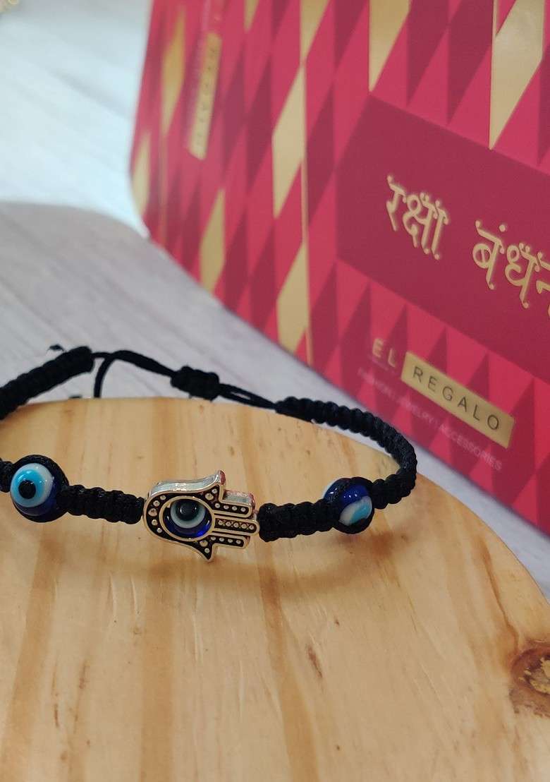 Blue And Black Evil Eye Wrap Around Rakhi With Roli Chawal And Raksha Bandhan Greeting Card - Indya