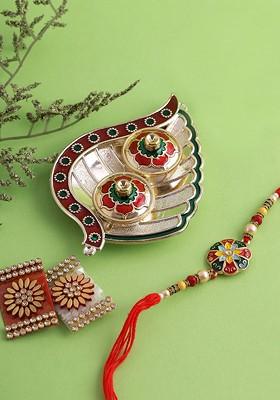 Unisex Gold Toned And Red Beaded Rakhi
