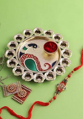Unisex Peacock Motif Decorative Pooja Thali With Bhaiya Rakhi Set