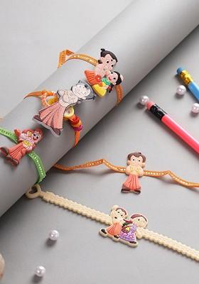 Set Of 5 Red And Beige Chota Bheem Charm Rakhi With Roli Rice And Rakhi Card