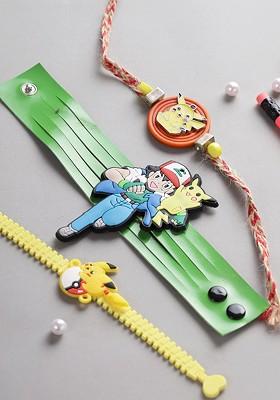 Kid Set Of 3 Blue And Red Pikachu Studded Rakhi
