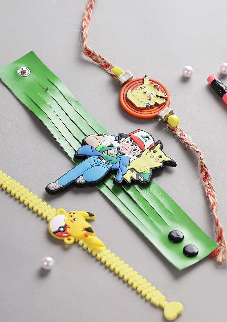Kid Set Of 3 Blue And Red Pikachu Studded Rakhi - Indya