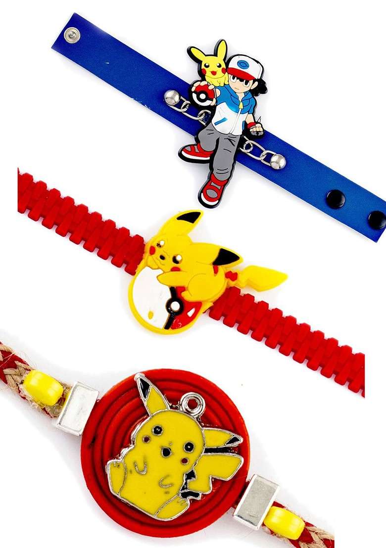 Kid Set Of 3 Blue And Red Pikachu Studded Rakhi - Indya