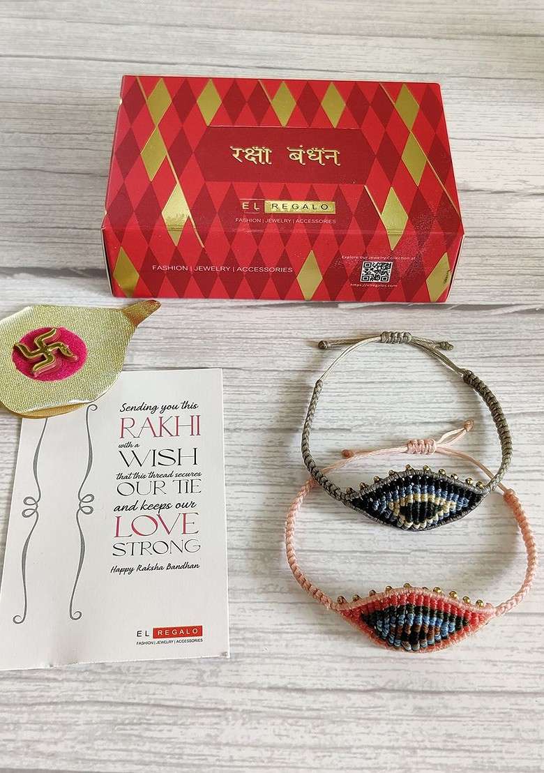 Unisex Set Of 2 Orange And Grey Evil Eye Wraparound Rakhi - Indya