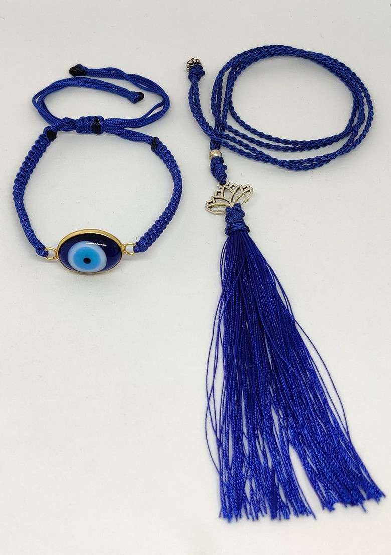 Unisex Set Of 2 Blue Evil Eye Wraparound Lumba Rakhi Set - Indya