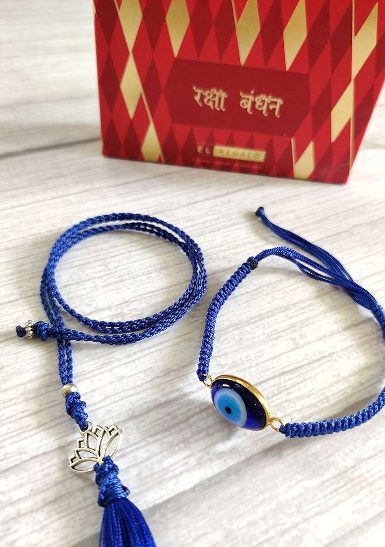 Unisex Set Of 2 Blue Evil Eye Wraparound Lumba Rakhi Set - Indya