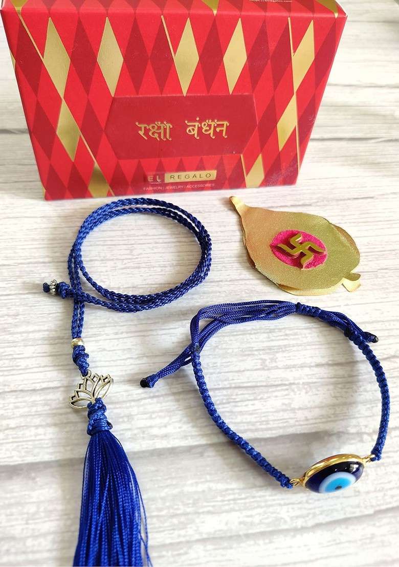Unisex Set Of 2 Blue Evil Eye Wraparound Lumba Rakhi Set - Indya