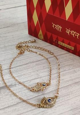 Set Of 2 Evil Eye Wrap Around Rakhi With Roli Chawal And Greeting Card