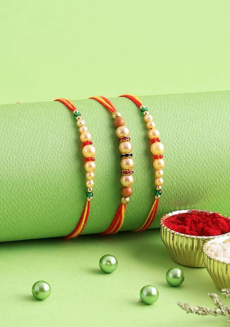 Set Of 3 White And Gold Toned Beaded Bhabhi Rakhi - Indya