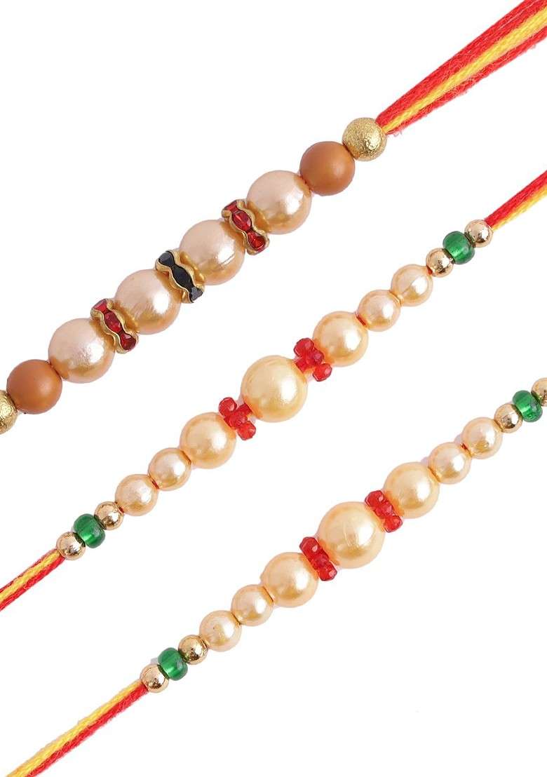 Set Of 3 White And Gold Toned Beaded Bhabhi Rakhi - Indya