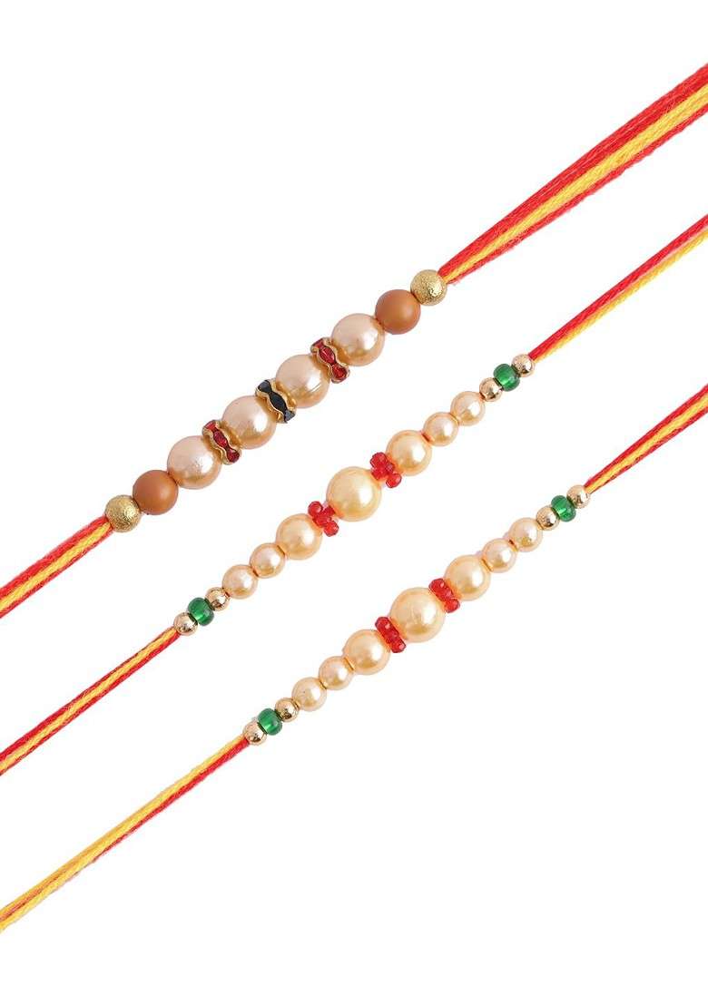 Set Of 3 White And Gold Toned Beaded Bhabhi Rakhi - Indya