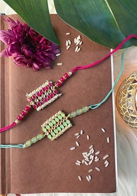 Men Set Of 2 Pink And Blue Pearl And Bead Studded Rakhi Set