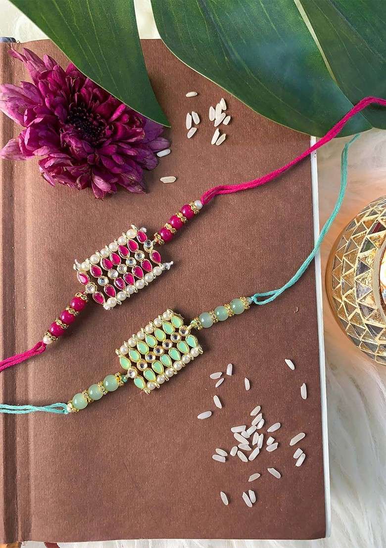 Men Set Of 2 Pink And Blue Pearl And Bead Studded Rakhi Set - Indya