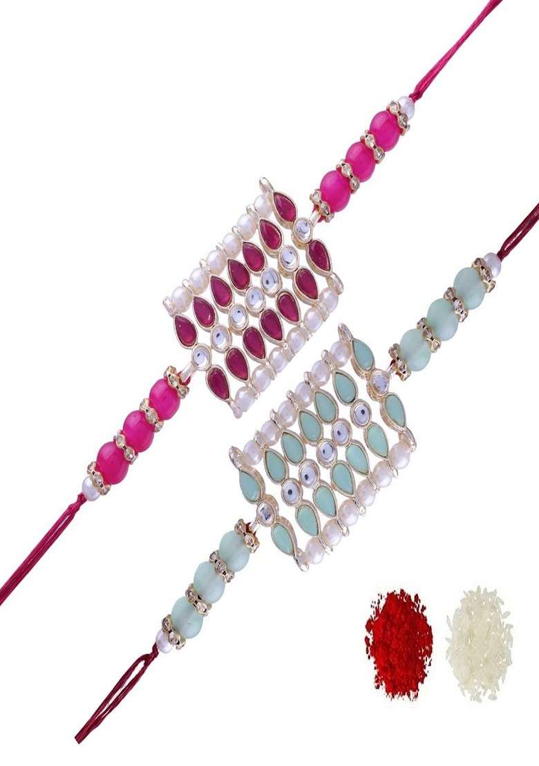 Men Set Of 2 Pink And Blue Pearl And Bead Studded Rakhi Set - Indya
