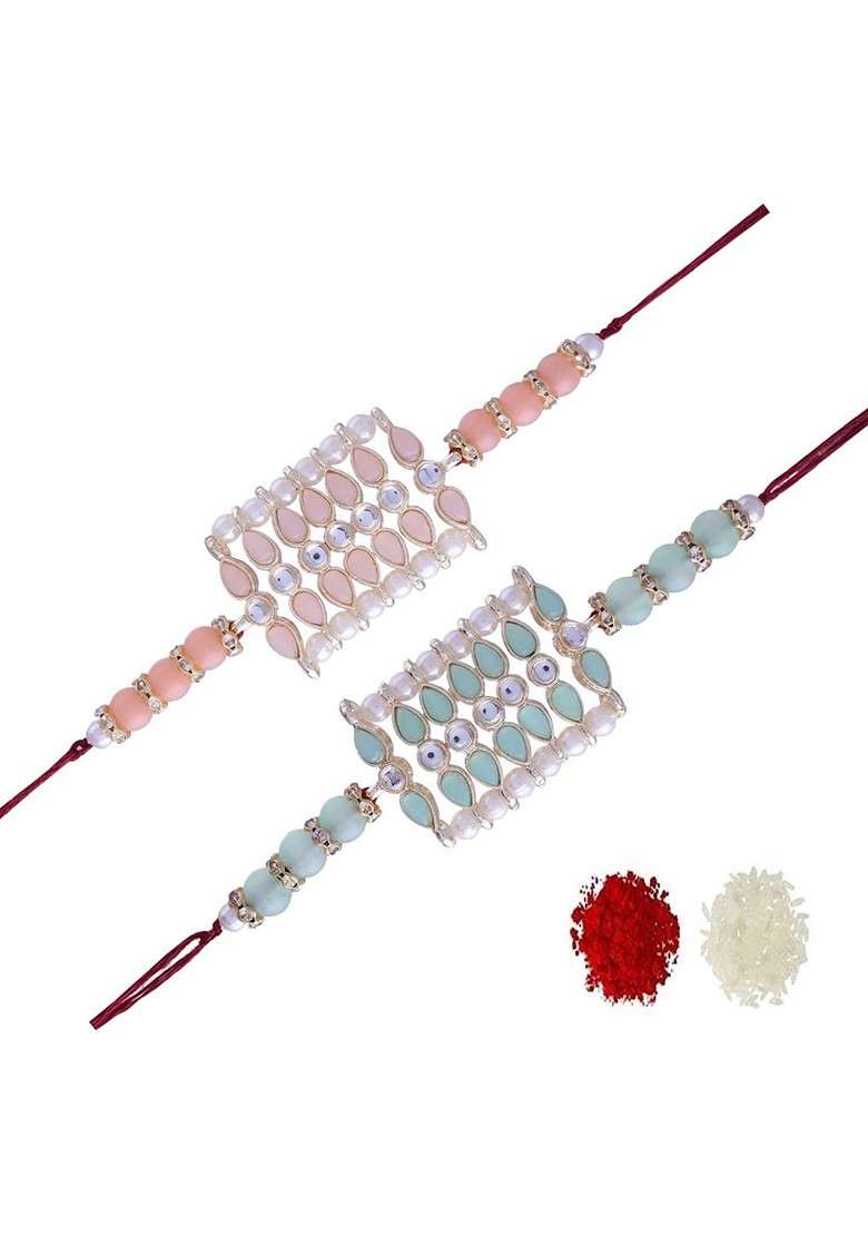 Set Of 2 Pearl Beads Studded Rakhi Bracelet With Roli Chawal - Indya