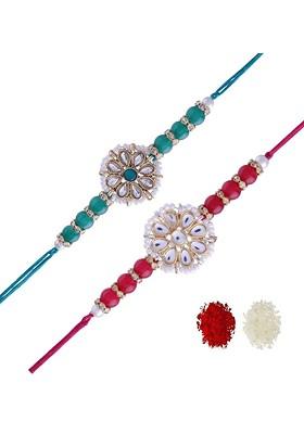 Men Set Of 2 Red And Green Stone Studded Pearl Beaded Rakhi