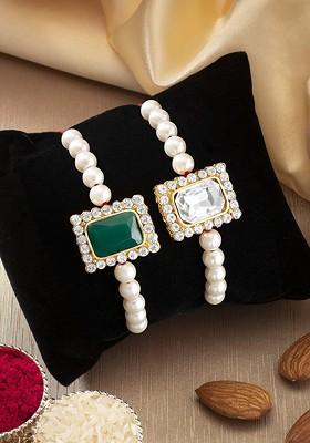 Men Set Of 2 White Stone Studded And Pearl Beaded Rakhi