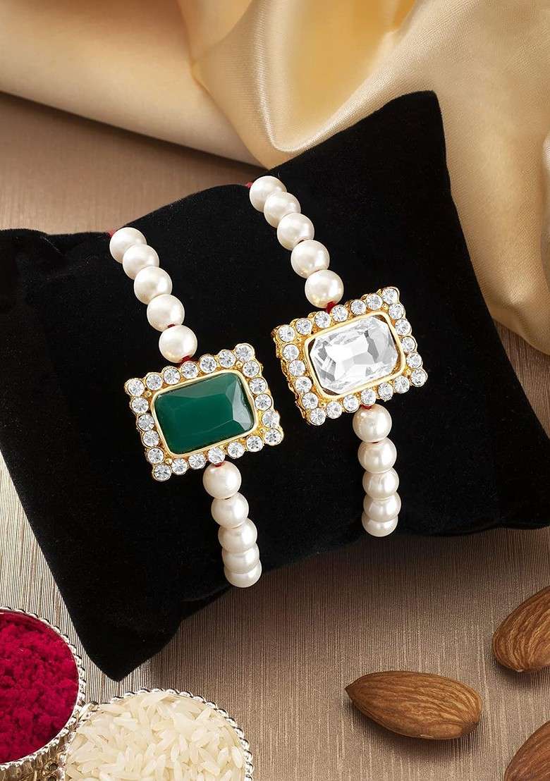 Men Set Of 2 White Stone Studded And Pearl Beaded Rakhi - Indya