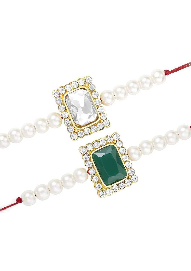 Men Set Of 2 White Stone Studded And Pearl Beaded Rakhi - Indya