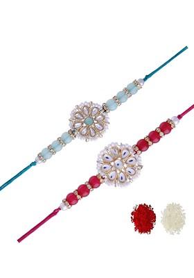 Men Set Of 2 Red And Blue Coloured Beaded Rakhi With Rolichawal