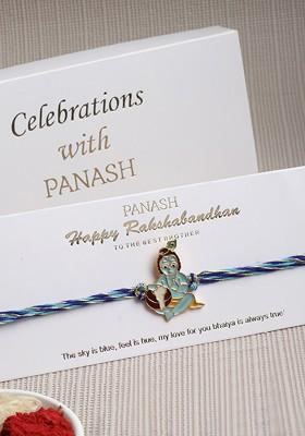 Men Gold Toned And Turquoise Blue Bal Gopal Charm Rakhi