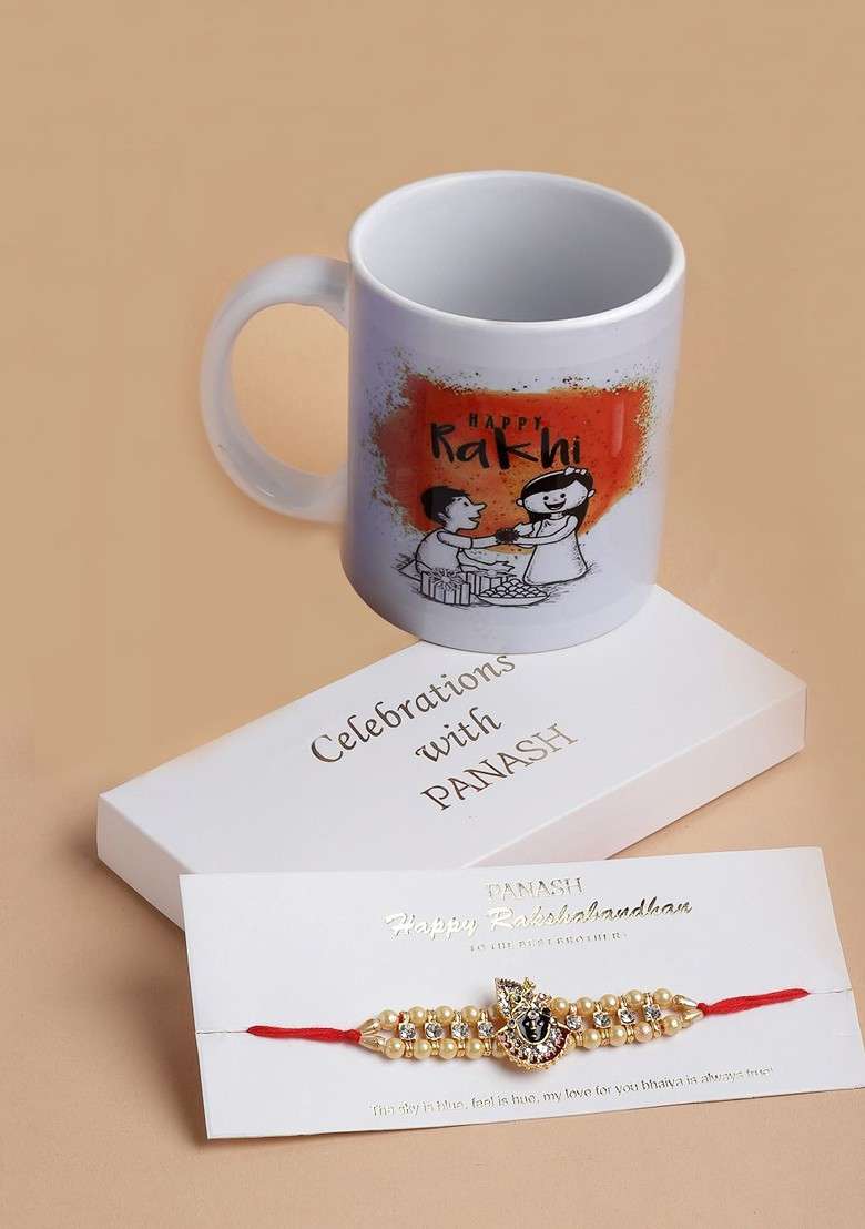 Men Sri Krishna Pearl Rakhi With Mug Gift Set - Indya