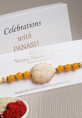 Gold Plated Yellow Pearls Bro Rakhi With Gift Stand