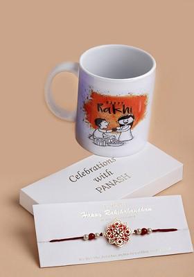 Men Gold Toned And Red Pearl Rakhi With Mug Gift Set