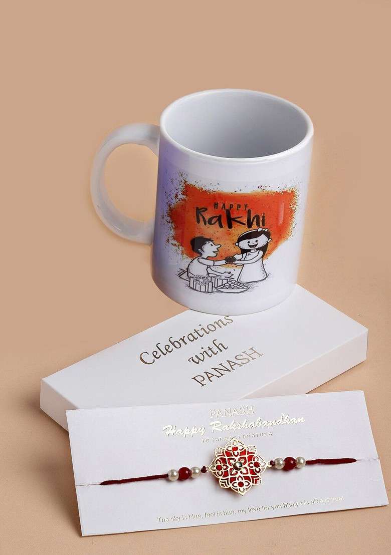 Men Gold Toned And Red Pearl Rakhi With Mug Gift Set - Indya