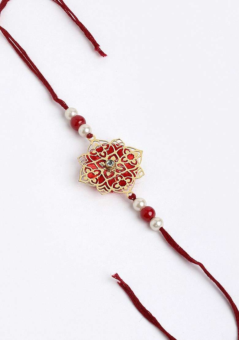 Men Gold Toned And Red Pearl Rakhi With Mug Gift Set - Indya