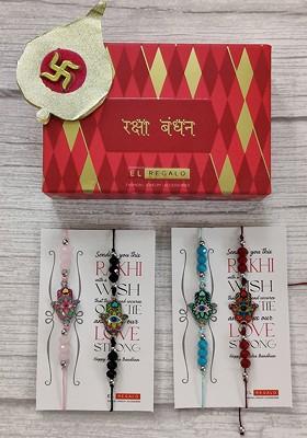 Set Of 4 Red And Gold Evil Eye Beaded Rakhi With Roli Chawal And Greeting Card