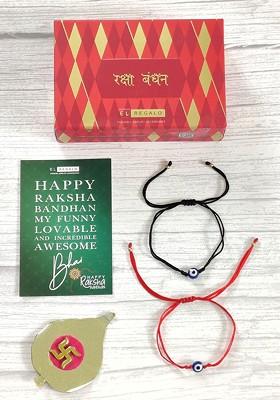 Set Of 2 Red And Black Evil Eye Wrap Around Rakhi With Roli Chawal And Raksha Bandhan Greeting Card