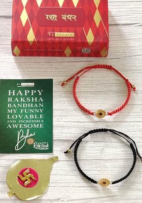 Set Of 2 Red And Black Evil Eye Rakhis With Roli Chawal And Greetings Card