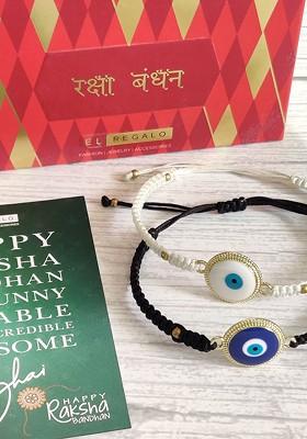 Black And White Set Of 2 Rakhi With Roli Chawal And Greetings Card