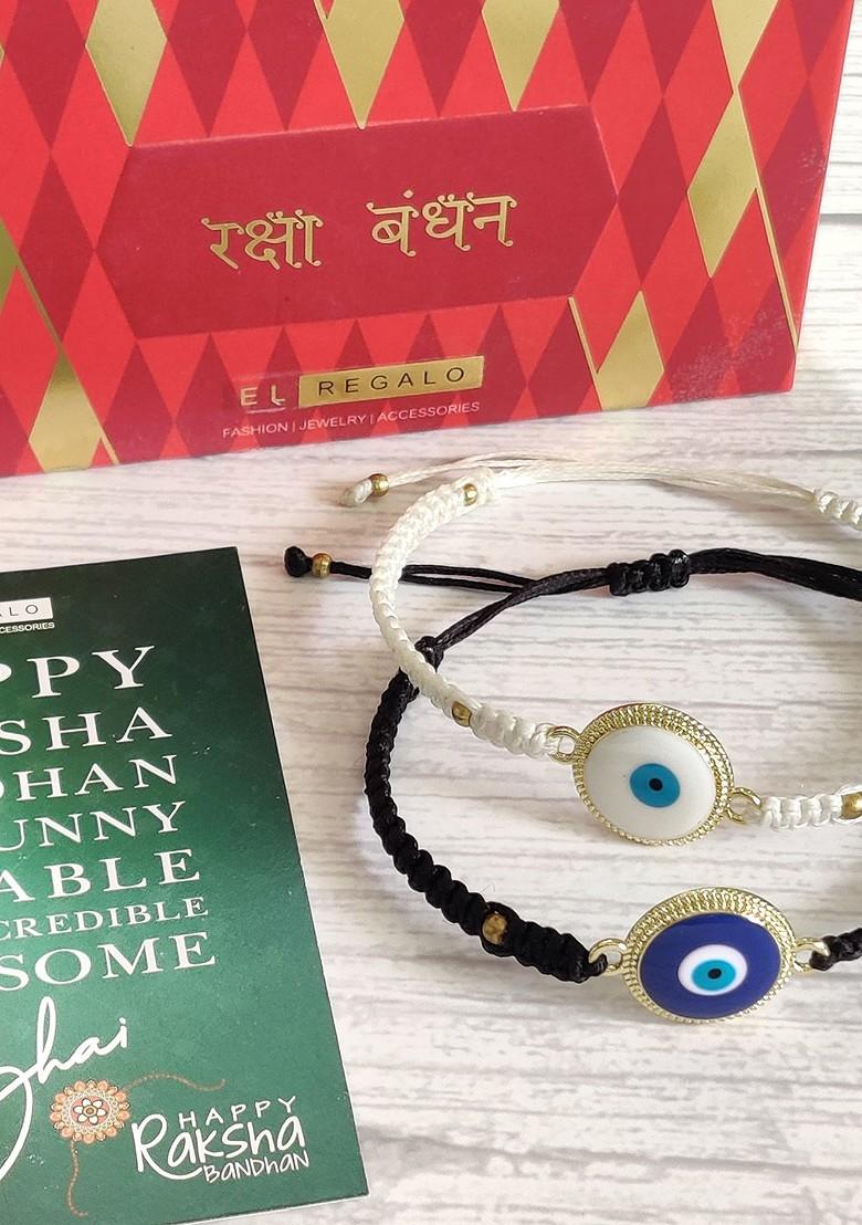 Black And White Set Of 2 Rakhi With Roli Chawal And Greetings Card - Indya