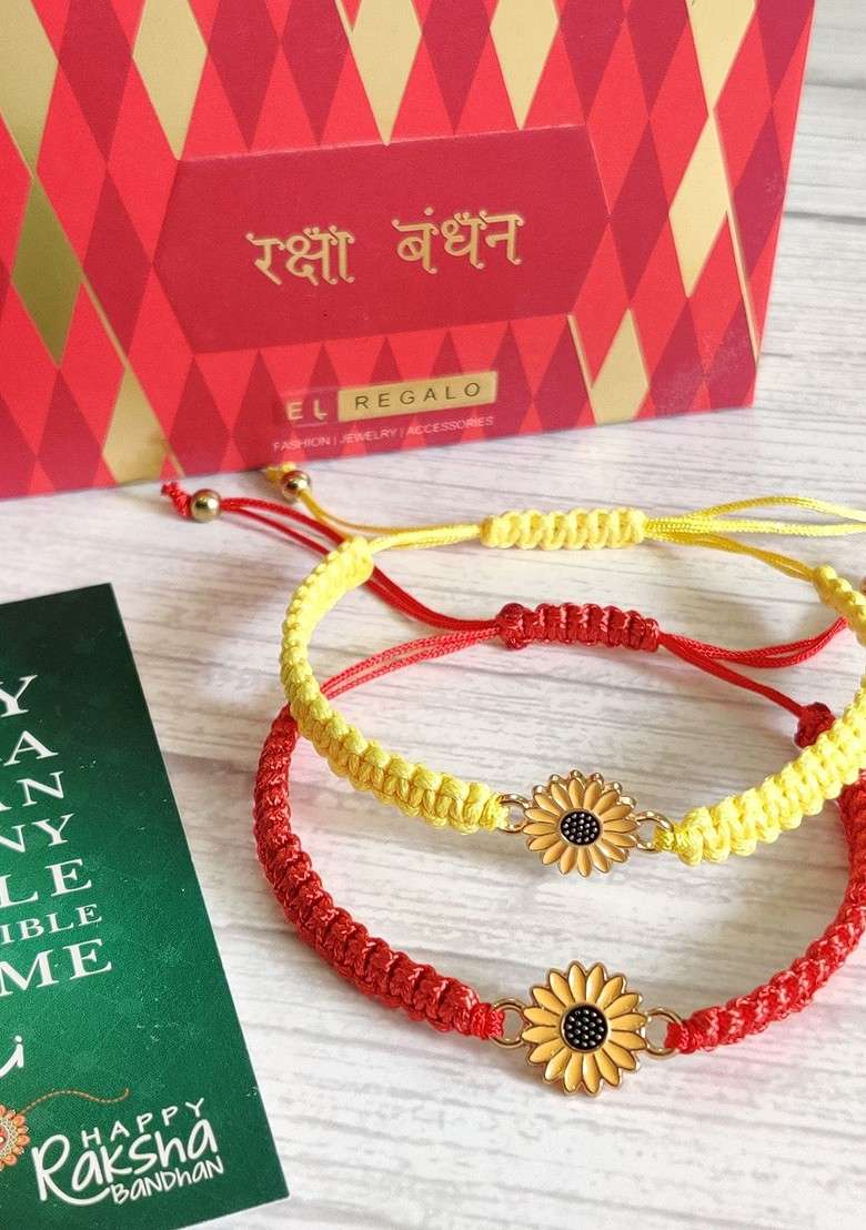 Set Of 2 Yellow And Red Floral Rakhis - Indya