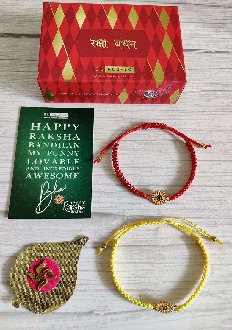 Set Of 2 Yellow And Red Floral Rakhis - Indya