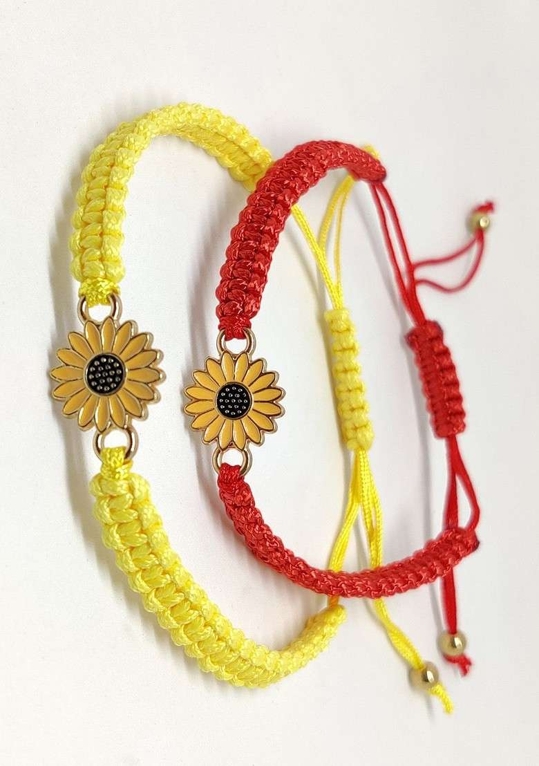 Set Of 2 Yellow And Red Floral Rakhis - Indya