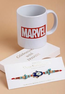 Blue And Red Evil Eye Beaded Rakhi With Marvel Mug Gift Set